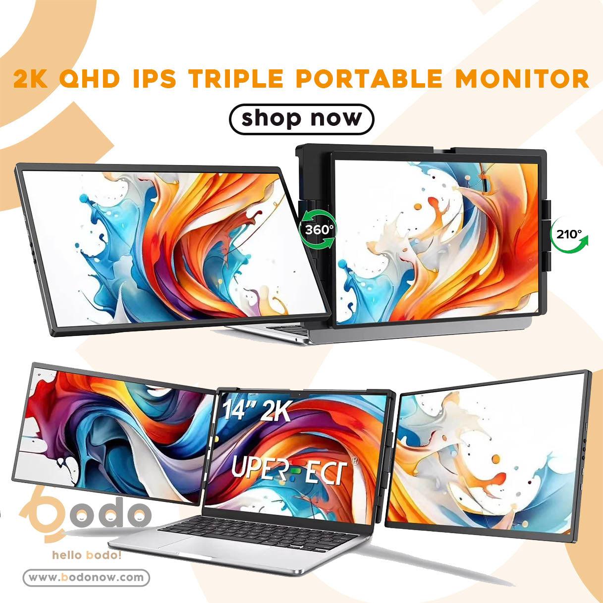 Revolutionize Your Workflow: 14'' 2K QHD Triple Portable Monitor with IPS Display, Kickstand & MacOS Compatibility! - Bodo Now