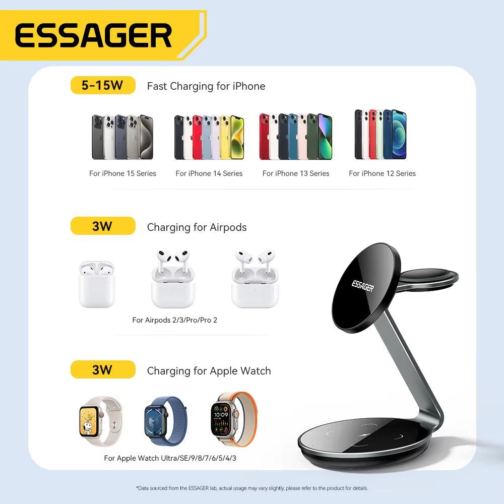 Essager 3-in-1 Magnetic Wireless Charger – Fast Charge Dock for iPhone, Apple Watch & AirPods | 15W Power - Bodo Now