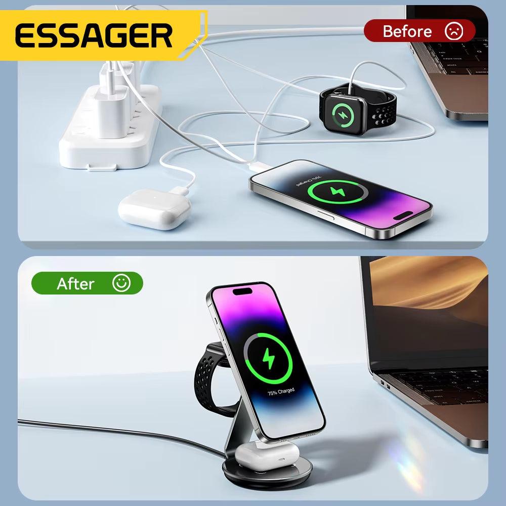 Essager 3-in-1 Magnetic Wireless Charger – Fast Charge Dock for iPhone, Apple Watch & AirPods | 15W Power - Bodo Now