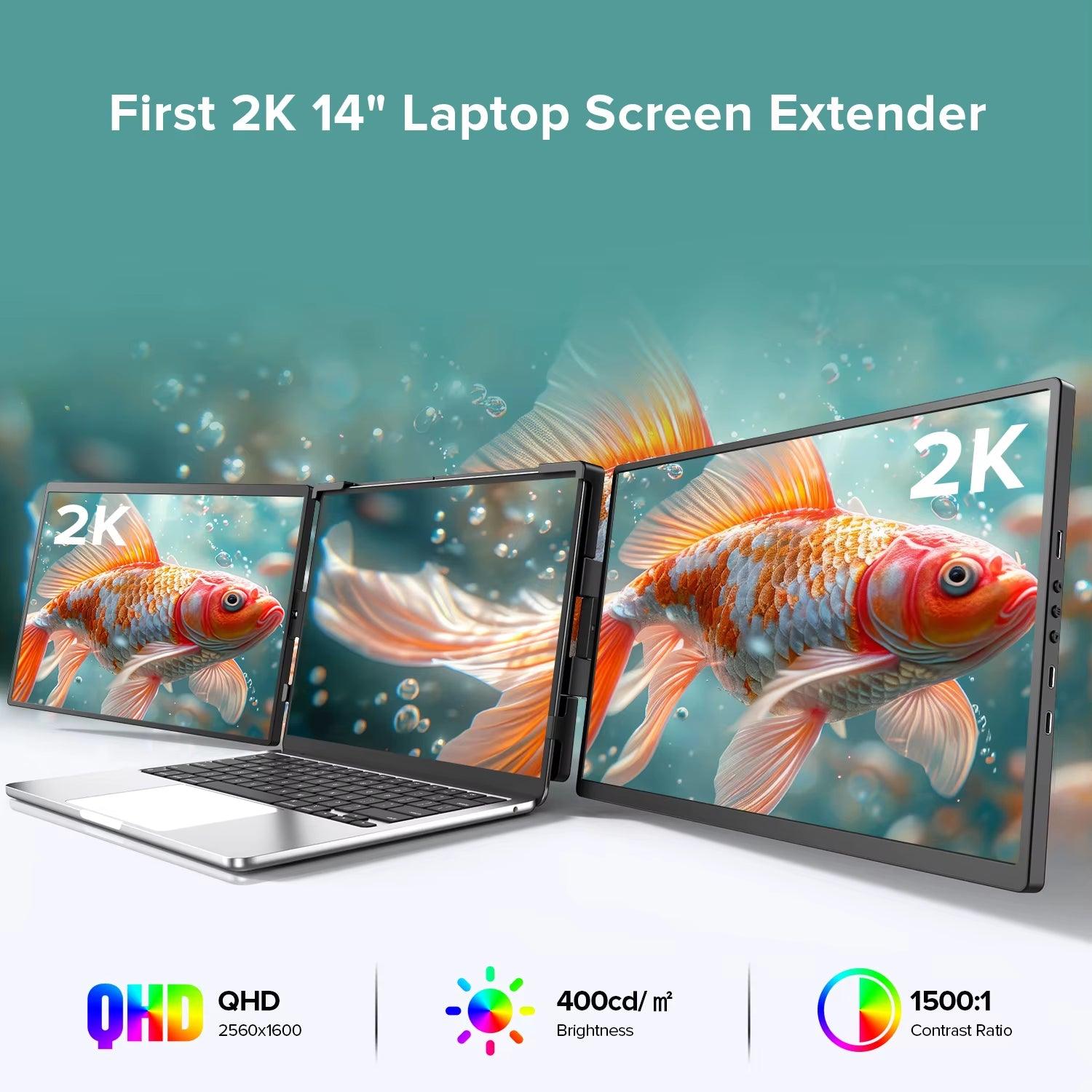 Revolutionize Your Workflow: 14'' 2K QHD Triple Portable Monitor with IPS Display, Kickstand & MacOS Compatibility! - Bodo Now